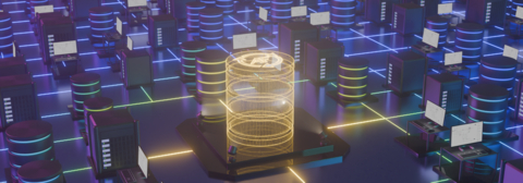 Leuchtender, gelber, holografischer 3D-Datenbankzylinder mit AF-Logo inmitten vernetzter Server, Datenbanken und Computer – Symbol für COMOS Systemintegration und Datenanbindung bei A.Fasselt Engineering GmbH.