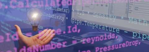 Hand hält leuchtende Glühbirne mit AF-Logo vor Bildschirm mit Programmcode – Symbol für Innovation, Forschung und Entwicklung mit COMOS bei A.Fasselt Engineering GmbH.