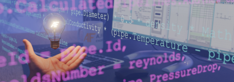 Hand hält leuchtende Glühbirne mit AF-Logo vor Bildschirm mit Programmcode – Symbol für Innovation, Forschung und Entwicklung mit COMOS bei A.Fasselt Engineering GmbH.